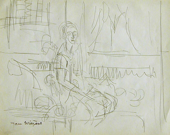 Zittende vrouw met bloemen op de voorgrond